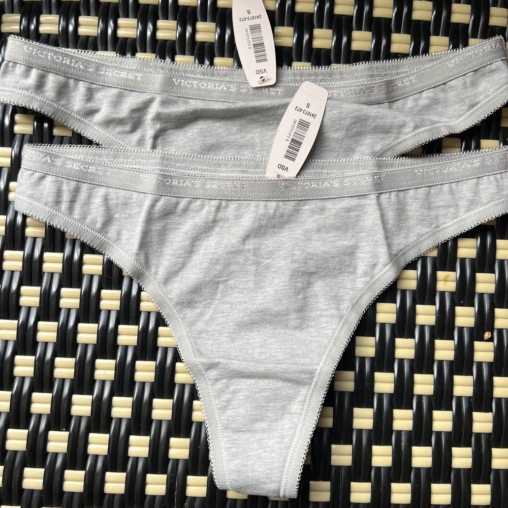 NWT Vintage Victoria's Secret Cotton Blend Thong Panties S Gray Logo Picot Y2K